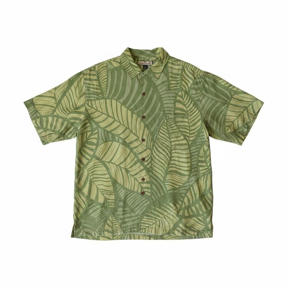 Tommy Bahama Green Hawaiian Shirt Size Medium 100% Silk Palm Leaf Print Pocket